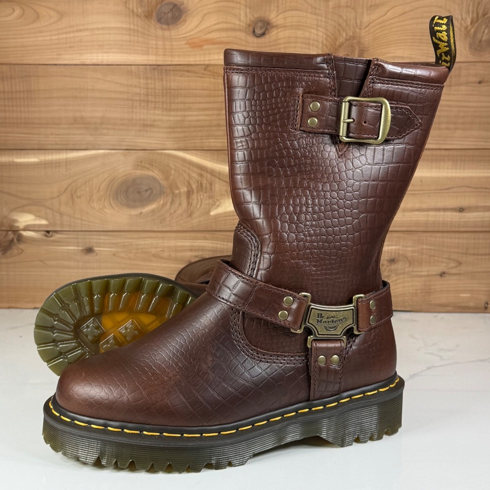 Dr. Martens Anistone Hi Brown Croc Embossed Leather Harness Biker Boots Womens 8